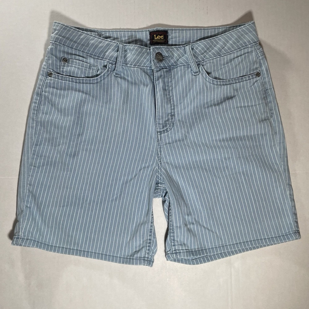 Vintage Lee Womens Shorts Size 12 Light Blue Pinstripe High Waist Denim Shorts